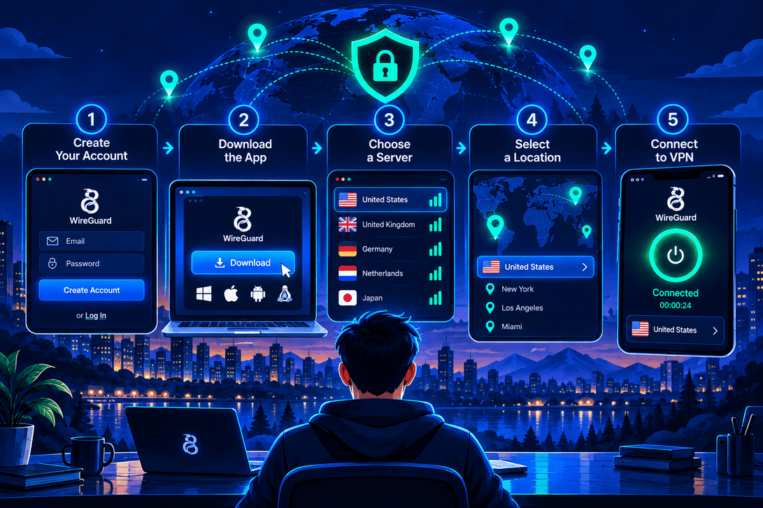 Illustration showing the steps to create and connect a free WireGuard VPN account, with account creation, download, server selection, location choice, and an active VPN connection.