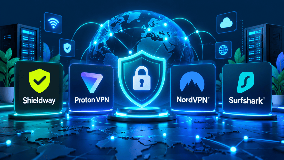 3D illustration comparing the best Proton VPN alternatives in 2026, featuring Shieldway, Proton VPN, NordVPN, and Surfshark against a glowing blue global network and cybersecurity shield.