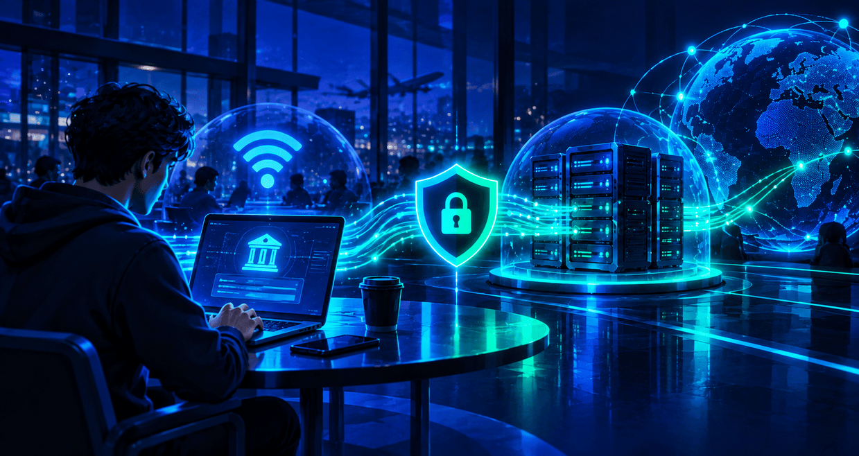WireGuard and Shieldway VPN represented by glowing encrypted network tunnels connecting secure server clusters around a digital globe.