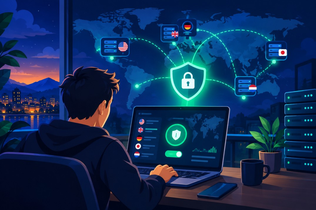 A person using a laptop with a glowing VPN shield connected to servers across a world map.