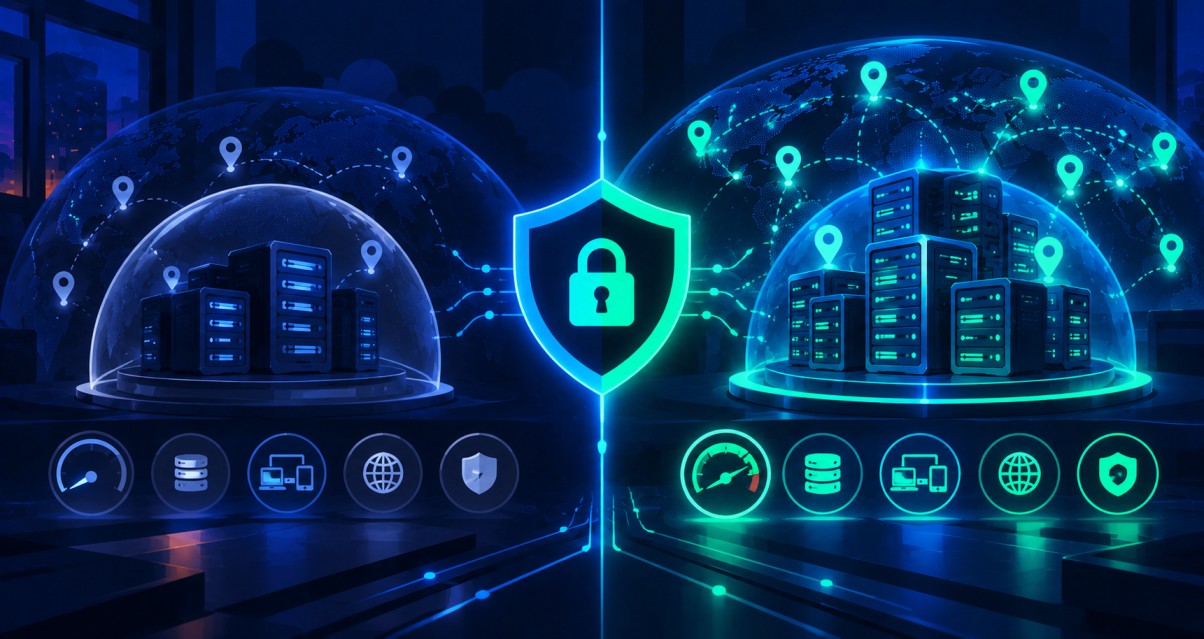 Free vs. premium VPN comparison showing two server networks with different coverage, speed, device support, and security features surrounding a central shield and lock.