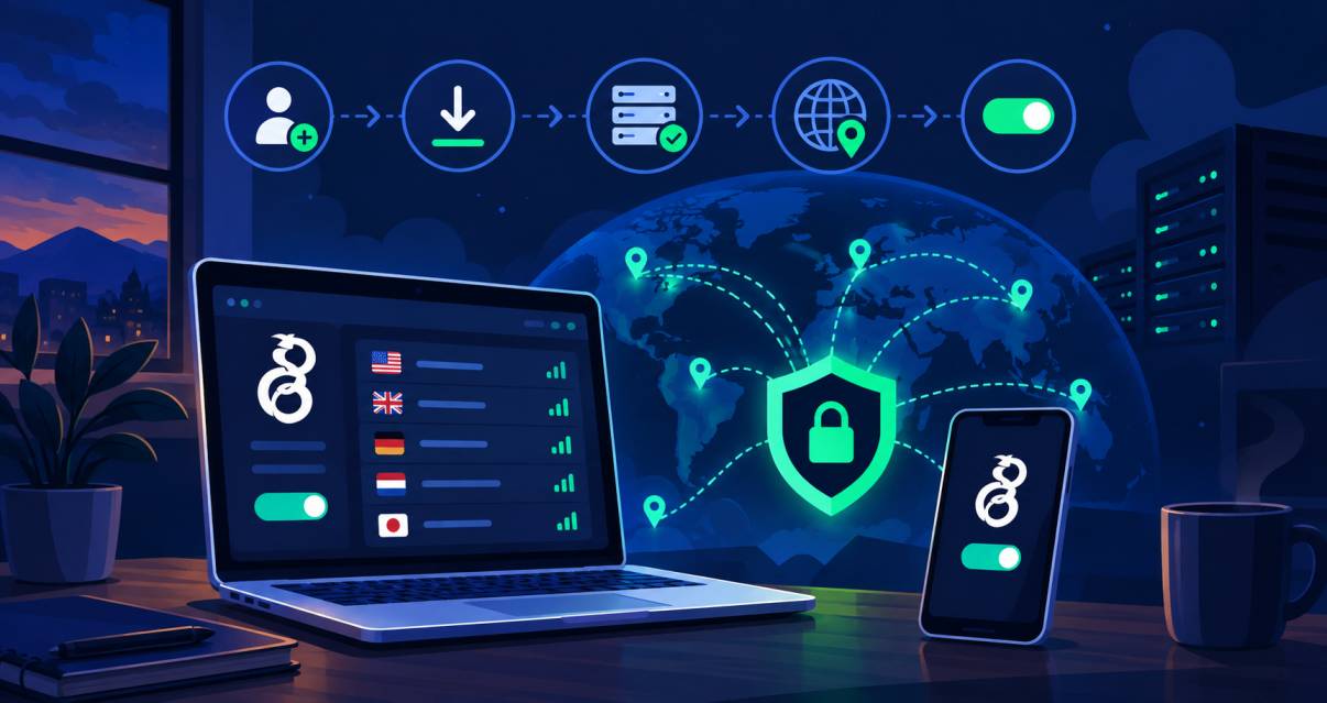 Illustration showing the steps to create and connect a free WireGuard VPN account, with account creation, download, server selection, location choice, and an active VPN connection.