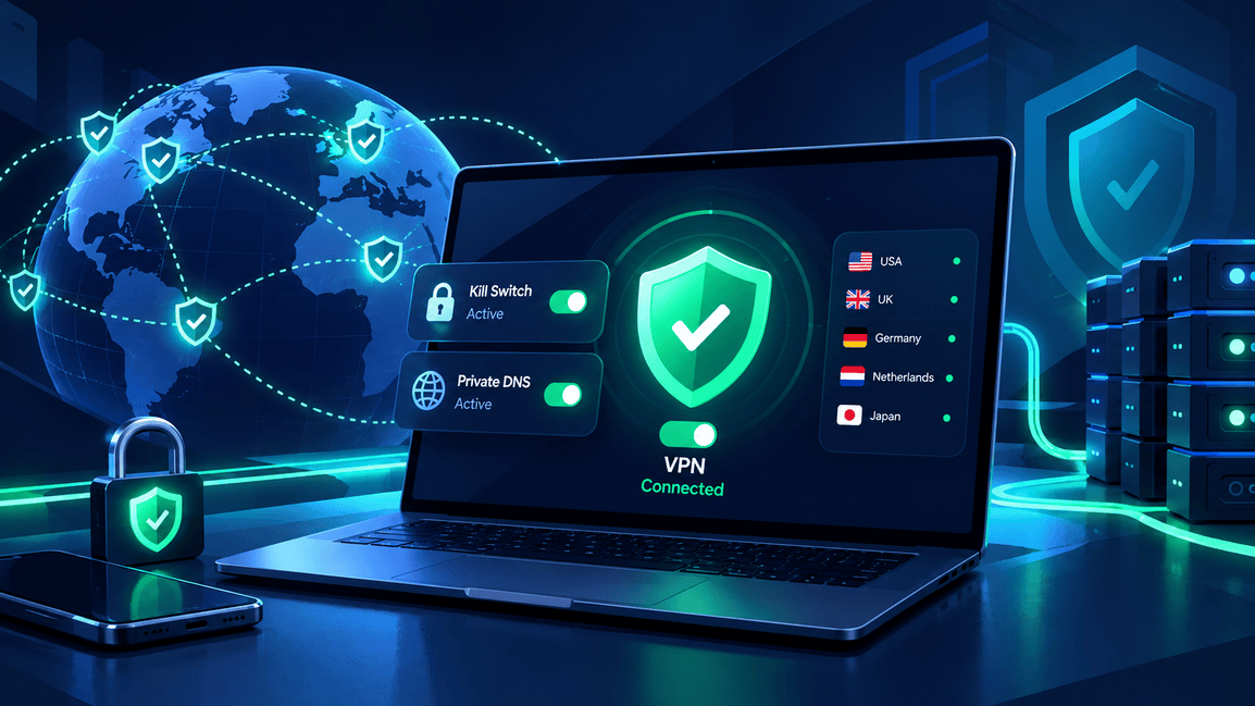 alt text for feature image A laptop displaying a connected VPN with an active kill switch and private DNS, surrounded by a glowing security shield, connected global network, smartphone, and illuminated server racks.