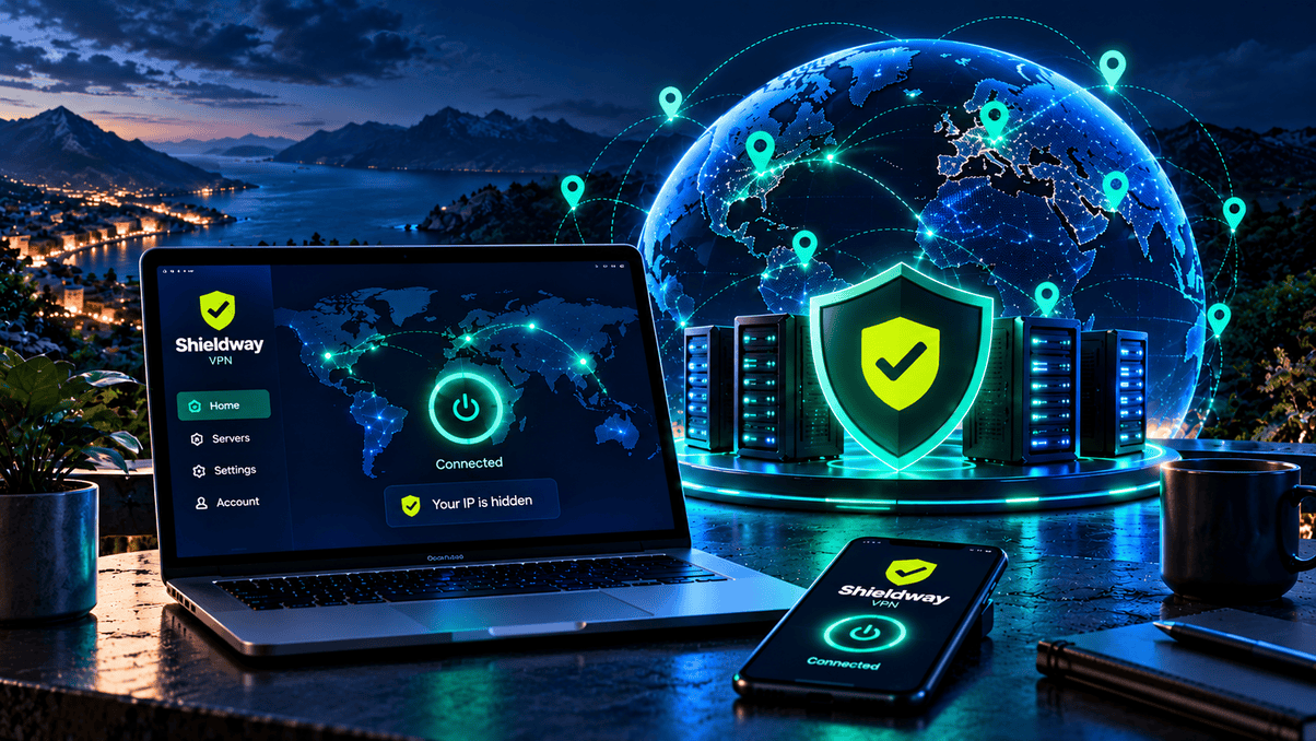 A bright green shield with a black checkmark stands in front of a glowing digital globe, surrounded by connected servers, a laptop, smartphone, and tablet displaying lock icons, against a dark blue mountain and coastal landscape.