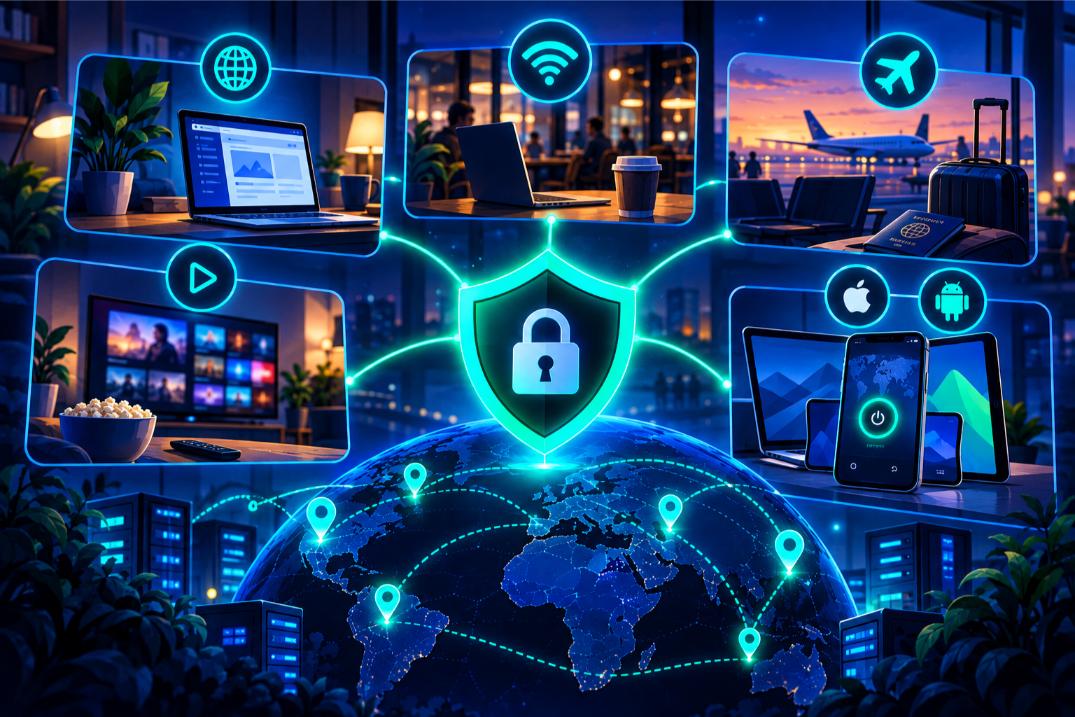 Stylized VPN security illustration showing a central shield and lock connected to global server locations, with icons representing browsing, public Wi-Fi, travel, streaming, and multiple devices.