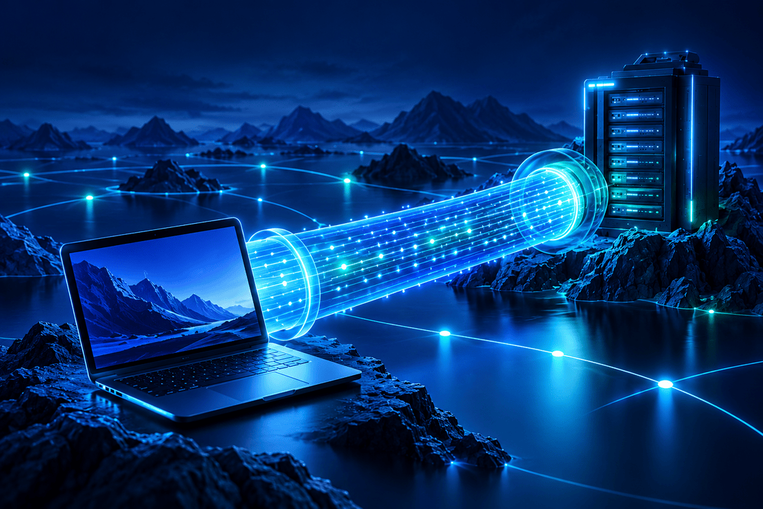 Laptop connected to a remote VPN server through a glowing blue encrypted tunnel, illustrating WireGuard’s secure network connections.