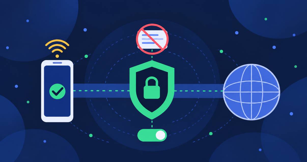 Infographic showing Shieldway VPN routing your internet traffic through a secure VPN connection, helping hide your IP address, protect data on public Wi-Fi, and connect through servers in different locations.
