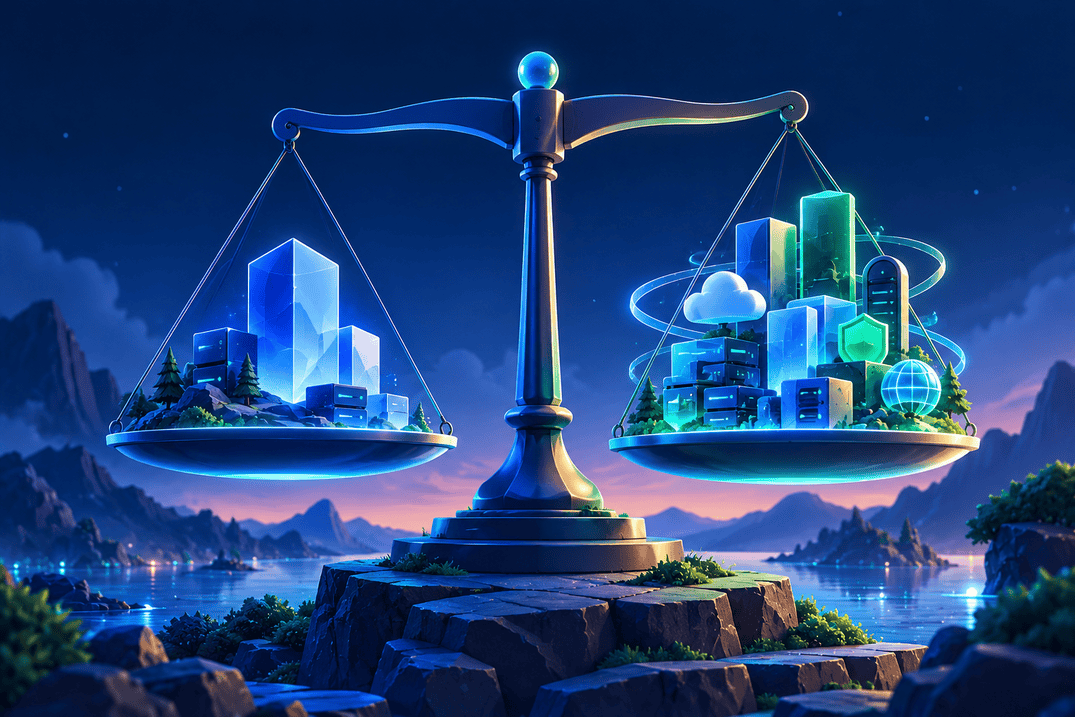 3D balance scale comparing two glowing digital ecosystems, symbolizing the differences between Shieldway and Proton VPN.